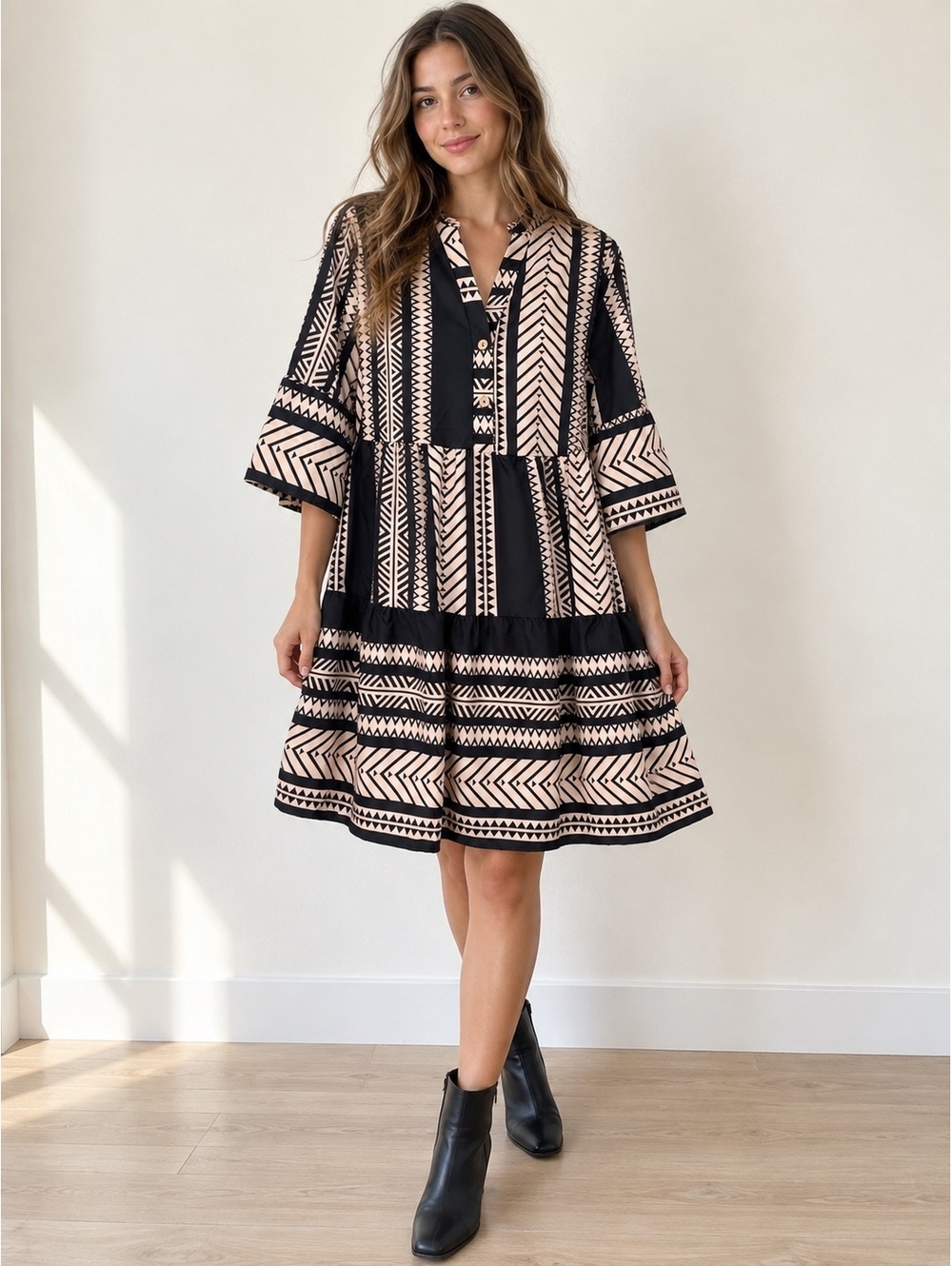 Black & Blush Geometric Print Tiered Babydoll Dress Size Medium